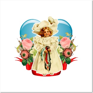 Doll dressed in white with flowers and blue heart Posters and Art